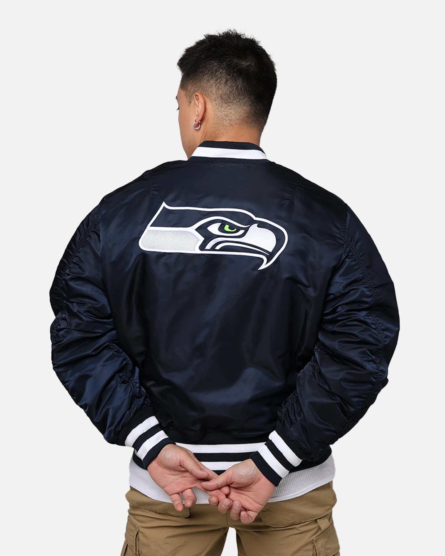 New Era X Alpha Series X NFL Seattle Seahawks MA-1 Bomber Jacket Navy/Black 4 New Era X Alpha Series X NFL Seattle Seahawks MA-1 Bomber Jacket Navy/Black - Image 2