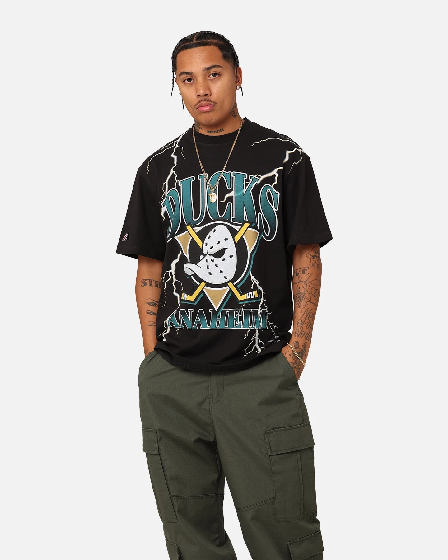 Majestic Athletic Anaheim Ducks Team Lightning Helmet T-Shirt Black 3 Majestic Athletic Anaheim Ducks Team Lightning Helmet T-Shirt Black