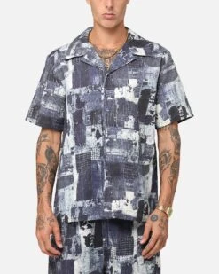XXIII Printed Denim Patch Button Up Shirt Blue