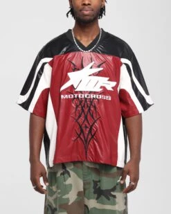 Loiter Vegan Leather Football Top Red/Black