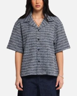 XXIII Boucle Tweed Crop Button Up Shirt Black/White/Blue