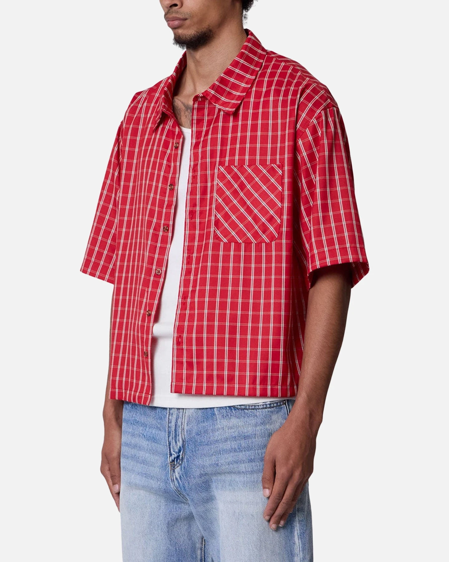 MNML Crispy Poplin Over Button Up Shirt Red Plaid 4 MNML Crispy Poplin Over Button Up Shirt Red Plaid - Image 2