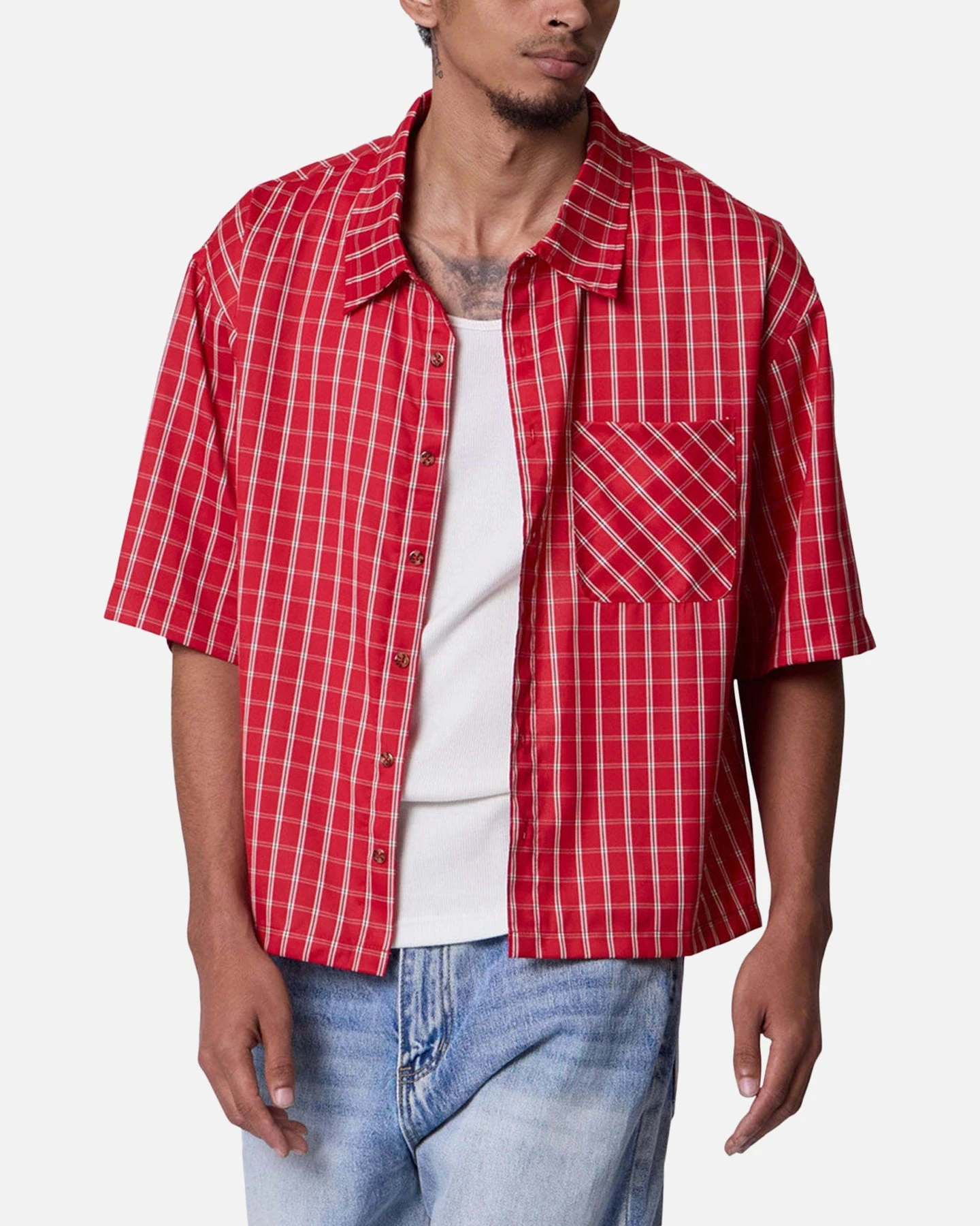 MNML Crispy Poplin Over Button Up Shirt Red Plaid 7 MNML Crispy Poplin Over Button Up Shirt Red Plaid - Image 5