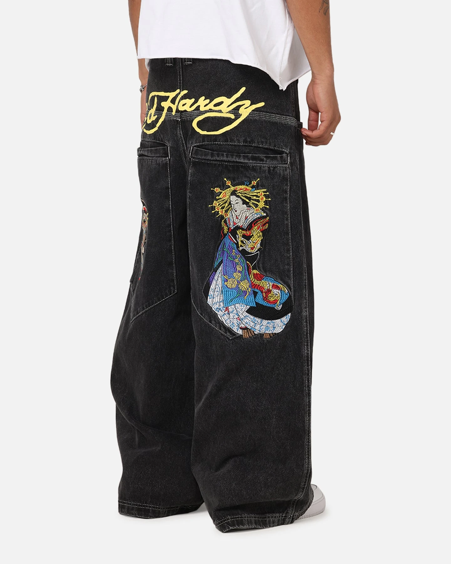 Ed Hardy Ultra Wide Leg Denim Jeans Black/Yellow 3 Ed Hardy Ultra Wide Leg Denim Jeans Black/Yellow