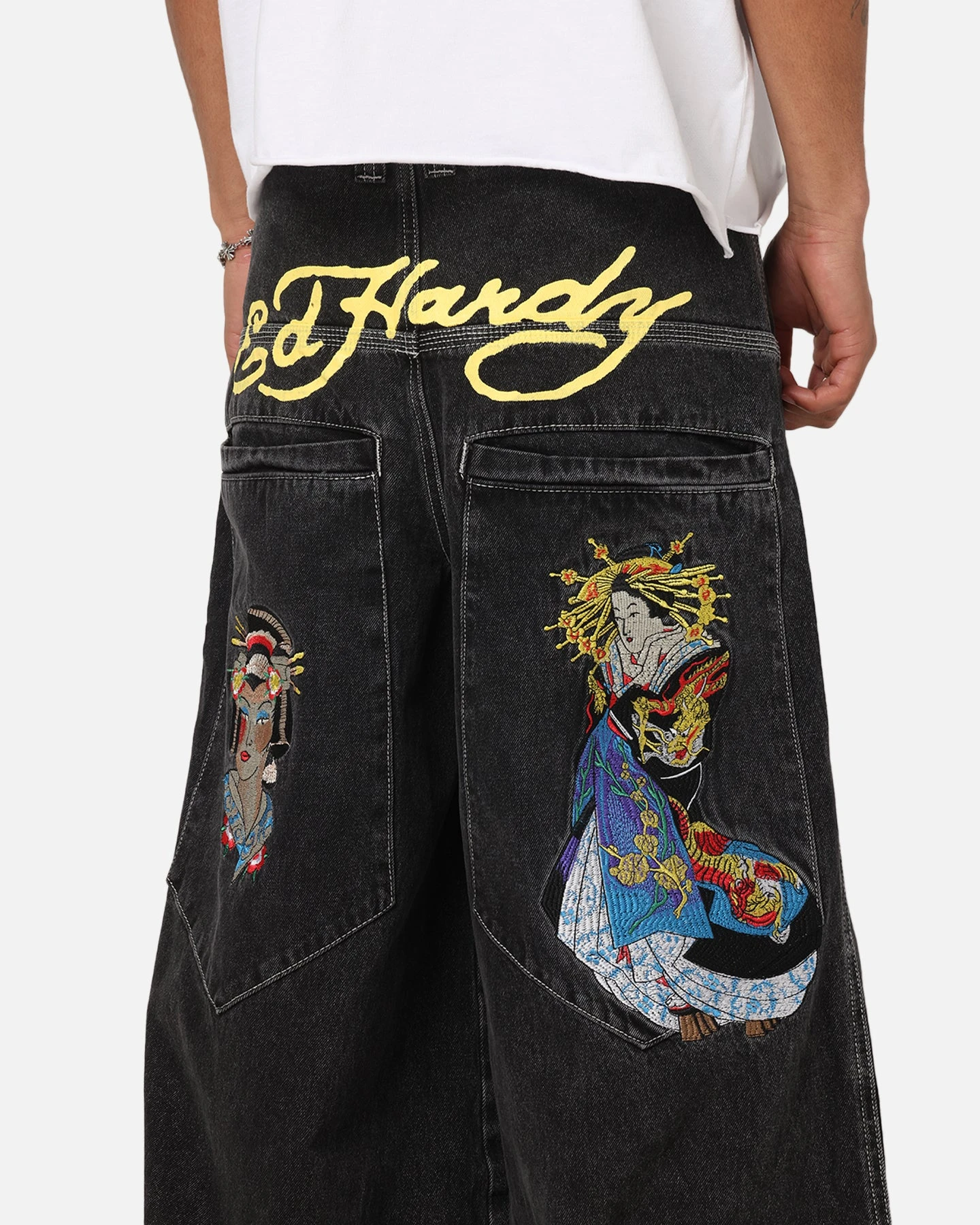 Ed Hardy Ultra Wide Leg Denim Jeans Black/Yellow 5 Ed Hardy Ultra Wide Leg Denim Jeans Black/Yellow - Image 3