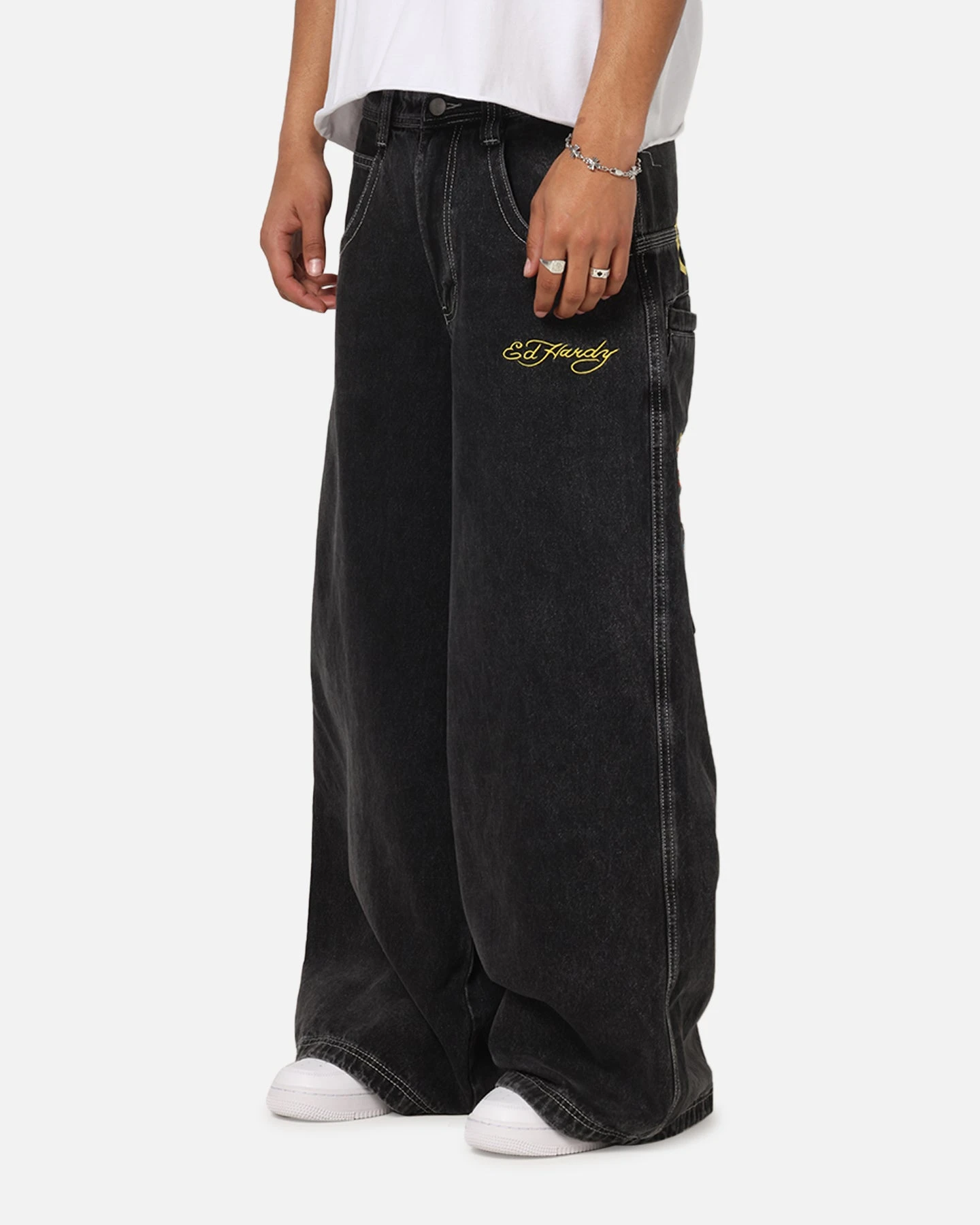 Ed Hardy Ultra Wide Leg Denim Jeans Black/Yellow 8 Ed Hardy Ultra Wide Leg Denim Jeans Black/Yellow - Image 6