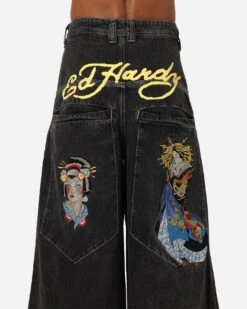 Ed Hardy Ultra Wide Leg Denim Jeans Black/Yellow 17 Ed Hardy Ultra Wide Leg Denim Jeans Black/Yellow -Culture Kings 03013186 YB016 mens 0080